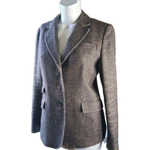 Banana Republic Travel Safari Blazer Herringbone Elbow Patch Wool Linen Brown 8 - Picture 2 of 4